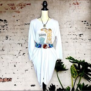 Women’s “Knockin Boots” T-Shirt Dress with Raw, High/Low Hemline - Est. Size XXL
